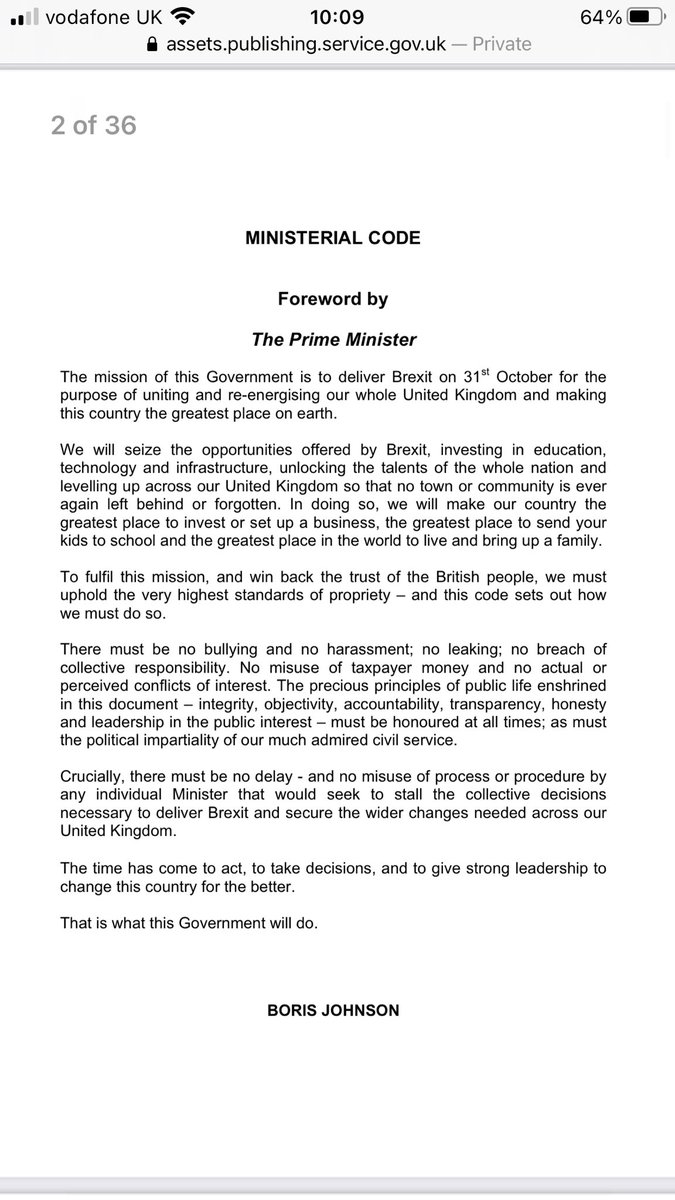Foreword to ministerial code by PM Aug 2019 makes interesting reading.. “There must be no bullying and no harassment; no leaking; no breach of collective responsibility. No misuse of taxpayer money and no actual or perceived conflicts of interest” #AntiBullyingWeek