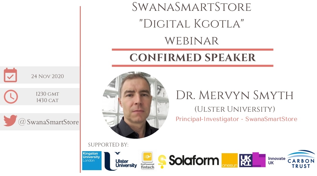 SwanaSmartStore (@swanasmartstore) on Twitter photo NEW SPEAKER CONFIRMED ⚠️
Introducing Dr. Mervyn Smith, our Principal-Investigator, who will be speaking at the SwanaSmartStore "Digital Kgotla" Webinar next week. He will be tasked with introducing the technology during the webinar.
<a href="/UlsterUni/">Ulster University</a>
#Webinar #Botswana #CleanEnergy NEW SPEAKER CONFIRMED ⚠️
Introducing Dr. Mervyn Smith, our Principal-Investigator, who will be speaking at the SwanaSmartStore "Digital Kgotla" Webinar next week. He will be tasked with introducing the technology during the webinar.
<a href="/UlsterUni/">Ulster University</a>
#Webinar #Botswana #CleanEnergy