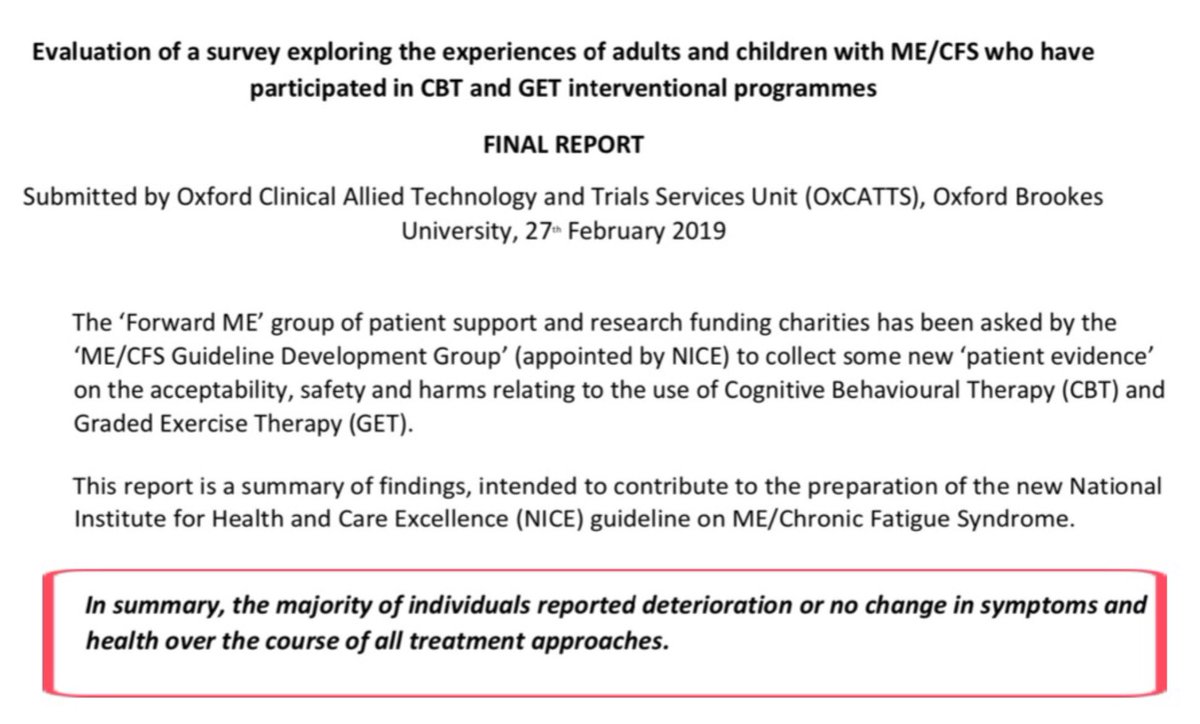 These two treatments have been central to the clinical management of CFS/ME in the U.K., despite widespread reports of adverse effects by patients in charity surveys (most particularly in response to GET).