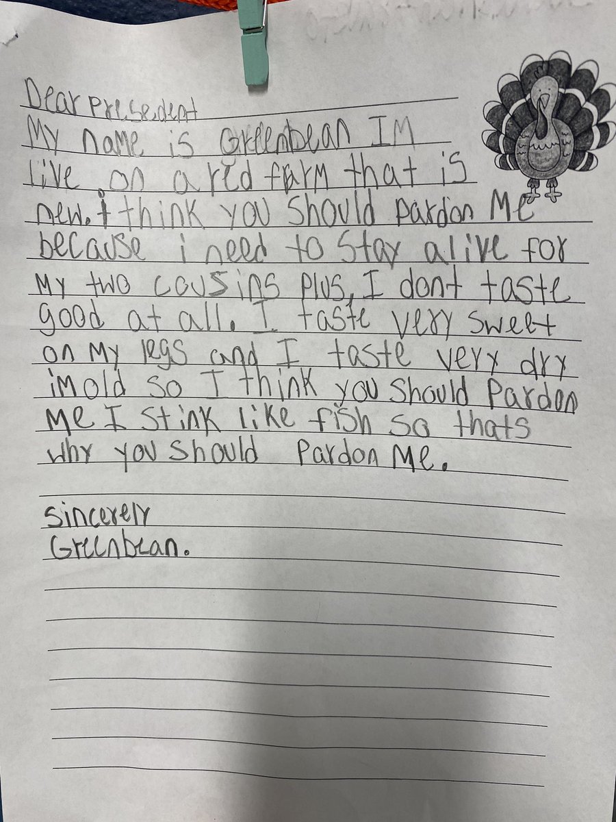 AshleyFredo's tweet photo. Wonderful writing happening this week! Presidential pardon letters from the turkeys themselves!! @DVISD_NCES @DVISDacademics @kerrygain #SiSePuede https://t.co/43fMUjg7c3