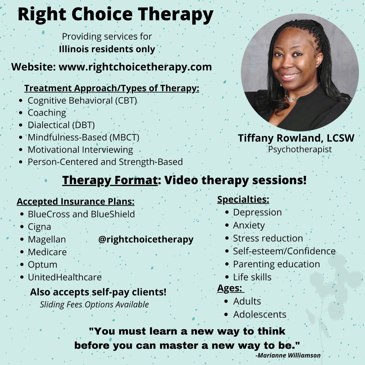 Right Choice Therapy, LLC. Individual therapy sessions. Illinois residents only. #rightchoicetherapy #oakparktherapist #illinoistherapist #talktherapy #lcsw