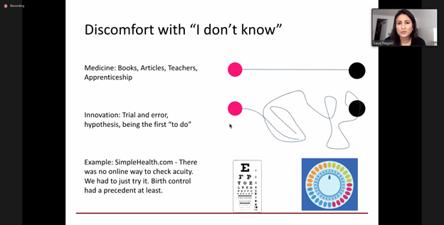 So great to have @NagoriMD join <a href="/FutureOfCareNYC/">FutureOfCareNYC</a> to share her telemedicine expertise + work founding <a href="/getsimplehealth/">SimpleHealth</a>! Love the focus on getting comfortable with being uncomfortable

Join our DTC health tech panel, ending 11:30am: weillcornell.zoom.us/j/92271729788

#foc2020 #medtwitter