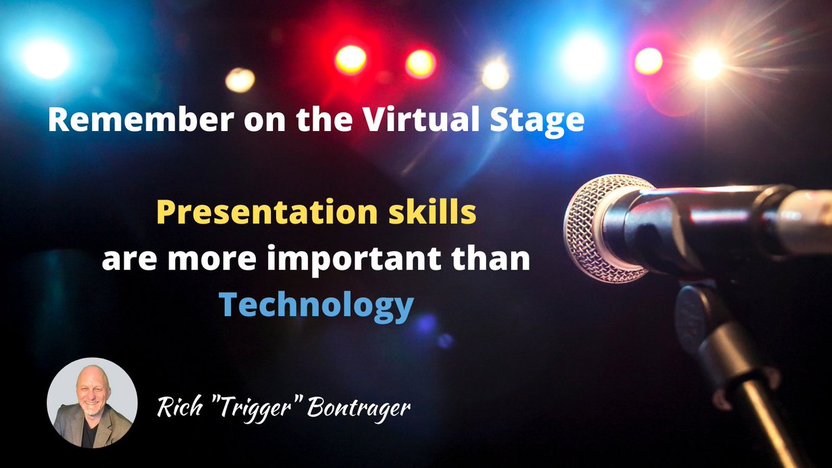 KeynoteRich's tweet image. Don't get caught in the trap thinking tech, and cool gadgets will save you on the Virtual Stage.  The key to success on stage, physical or virtual is your ability to own the stage and present properly.  
#Virtiualstage #presentationskills #stagework #speakerskills