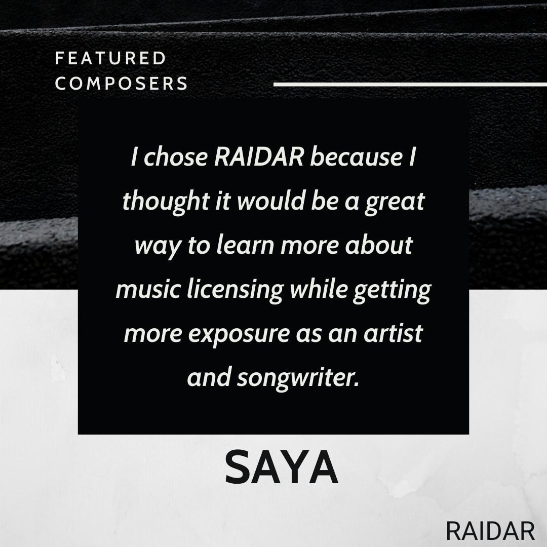 Meet #RAIDAR's #featuredcomposer of the week: SAYA, a 20 year old singer-songwriter who combines a diverse range of sounds with sentimental and personal lyrics. Check her out on Spotify: open.spotify.com/artist/11Ig1F3… . Click on this link to submit your music: raidar.org