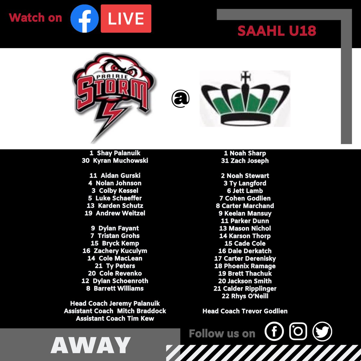 It’s game day! The team is on the road into Regina to play the Regina U18 AA Vics. Puck drops at 4:45pm and you can catch it all on the Vics’ facebook page! Link 👇

fb.me/e/1KD7GE1if

#prairiestormu18aa #saahl #gostorm