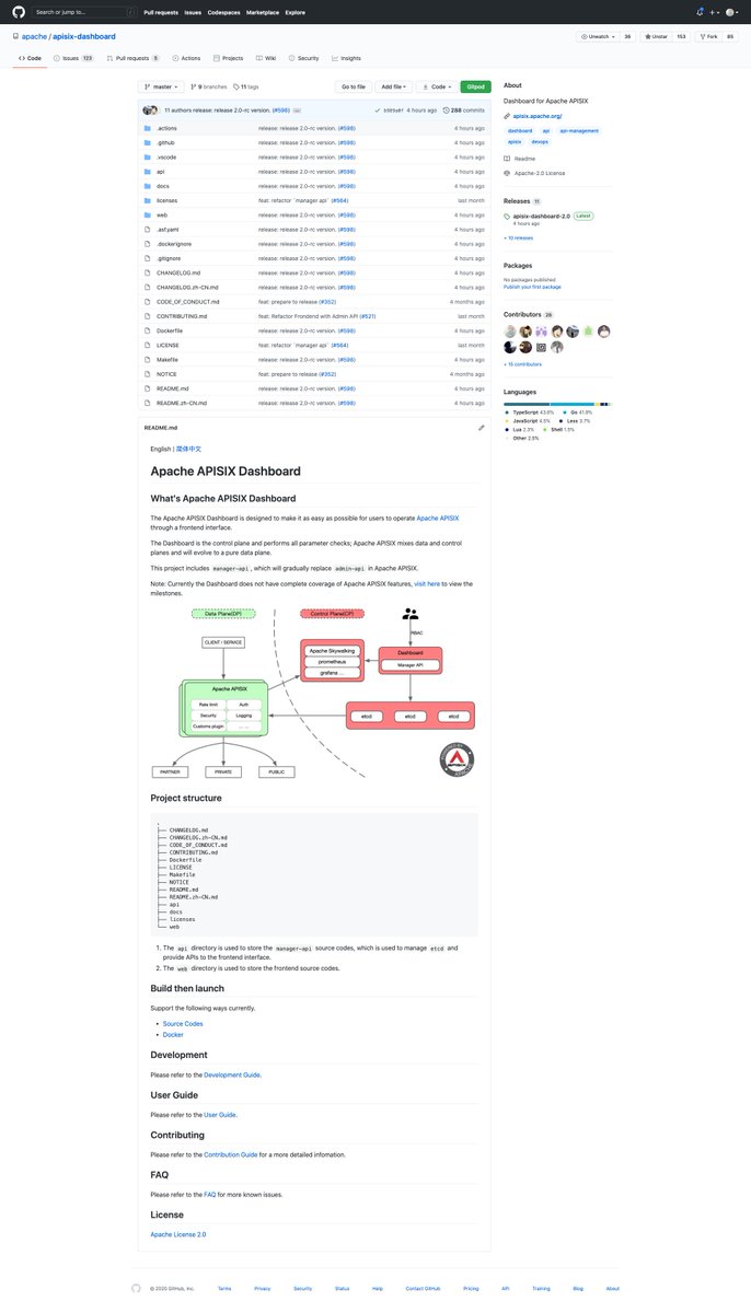 jjzhiyuan's tweet image. Apache APISIX Dashboard 2.0 终于发布了，历时将近2个月时间（共5个RC版本）。剔除了 MySQL，逐步加入了前后端 E2E 测试，梳理了项目结构，完善了使用文档，修复了众多 BUG。接下来，社区要使它更加好用！

github.com/apache/apisix-…

#ApacheAPISIX