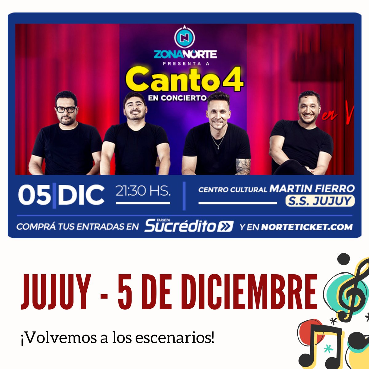 🗓 5 DE DICIEMBRE - JUJUY❗

No saben la alegría que tenemos de anunciarles esto!¿NOS VEMOS, NO? 😃😃
La productora Zona Norte nos invitó a formar parte de un ciclo de conciertos que realizan. Les pedimos que lean atentamente los protocolos👇

🎫ENTRADAS: bit.ly/ShowJUJUY