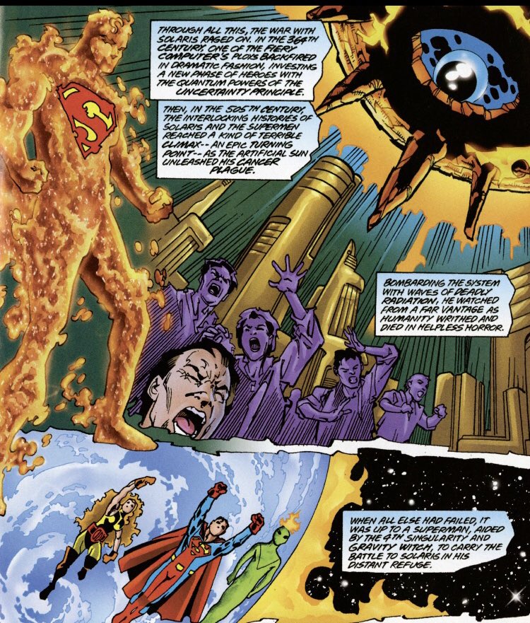 By the 364th century the ongoing war between the Superman Dynasty and Solaris created a fire Superman who would pass down quantum powers