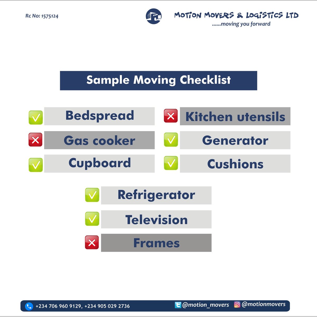 Motion_Movers's tweet photo. Create a moving checklist to ease the moving process. Consult us for a professional moving service. We are just a phone call away. #motionmovers #logistics #relocationservice #delivery #courier #cleaning #interstatemovers #promovers #localmovers #officemovers #movingtips https://t.co/DQvn76KK46