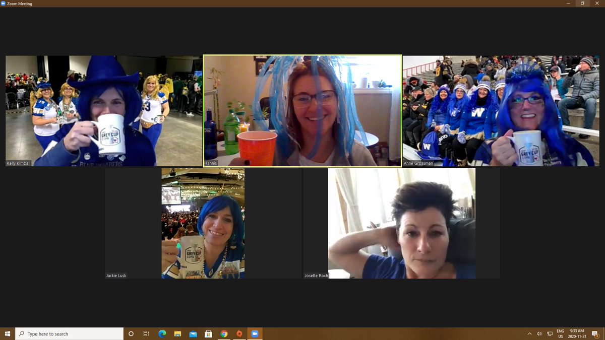Jackie_Lusk's tweet photo. When you can’t be at Grey Cup, you gear up and host a virtual Spirit of Edmonton Breakfast with your friends !  SOCIABLE!!  #bomberchicks #GreyCupUnite #touchdownmanitoba #bluebombers #spirityeg #greycupfunpolice #ForTheW #greycuptrolls https://t.co/CedlaeM95O