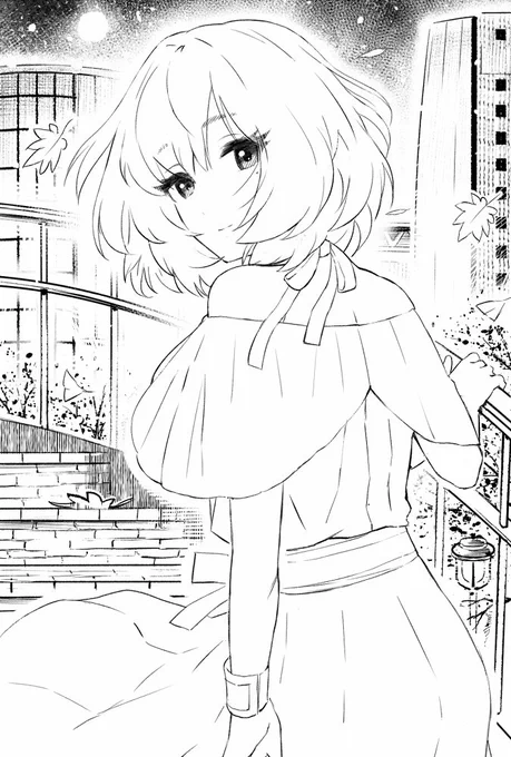 背景の線画を描こうと思ったら楽しくなっちゃって2色絵にしてしまった・・・。 