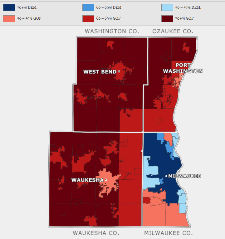 For 40+ years, voting gap between blue MKE and red WOW widened with every pres election, making metro MKE arguably most polarized large metro in US, per 2014 stories here:  https://bit.ly/2URi4Py 2012 map below but that gap has narrowed in Trump elections of 2016 and 2020 3/4