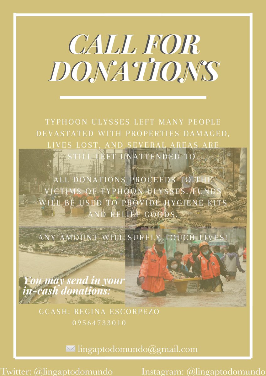 lingaptodomundo's tweet photo. All donations will proceed to the victims of Typhoon Ulysses. Funds collected will be used to provide hygiene kits and relief goods.
 
Any amount will surely touch lives! 

#LingapParaSaLahat
#LingapTodoMundo 
#RescuePH https://t.co/plnFzOHaLO