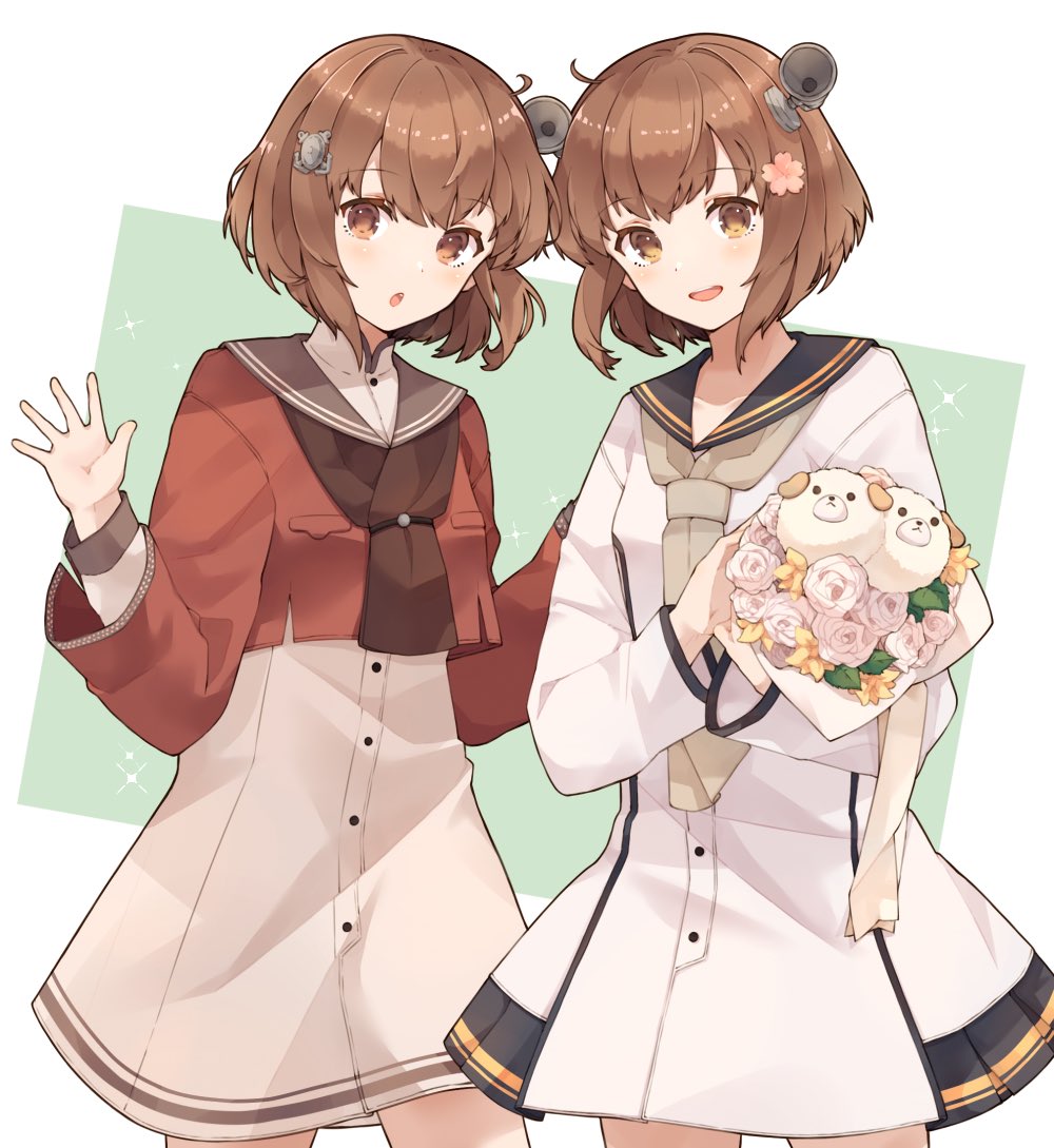 yukikaze (kancolle) multiple girls 2girls dual persona dress brown hair sailor collar flower  illustration images