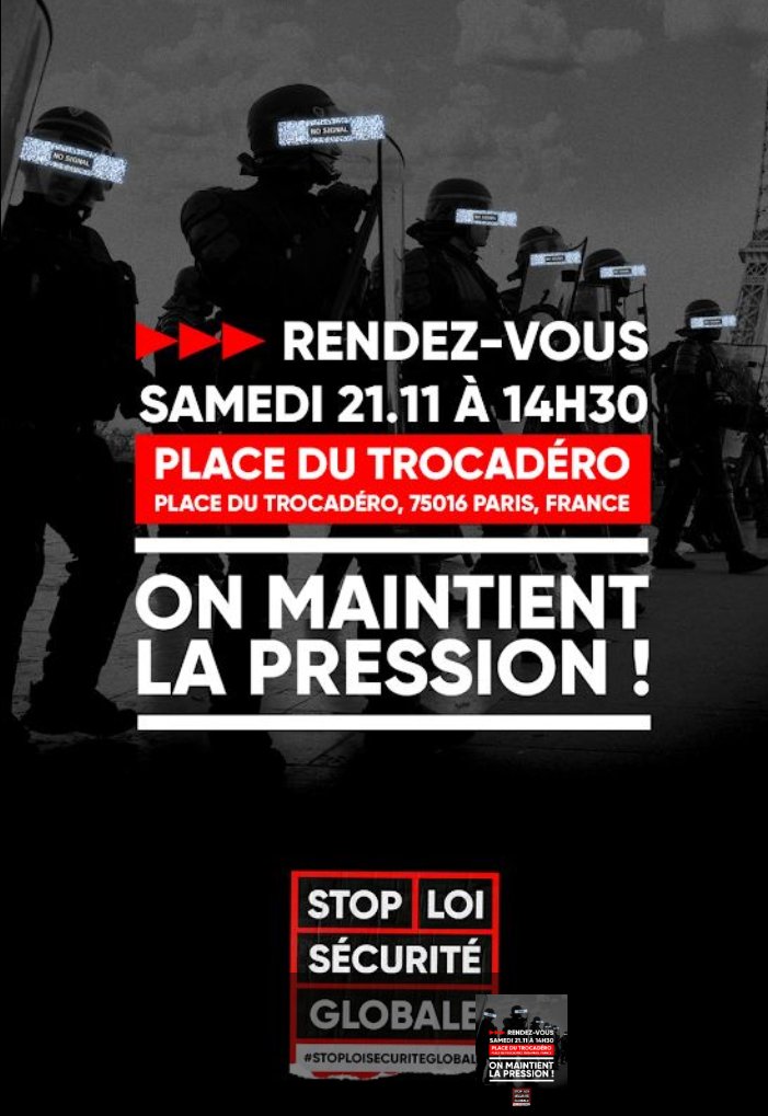 #StopLoiSécuritéGlobale La manifestation est bien autorisée sur la place du Trocadéro (la seule interdiction concerne le parvis des droits de l'homme). RDV à 14h30 ✊