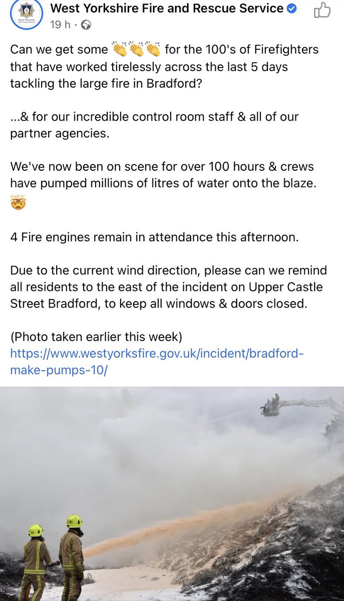 A massive thanks to all <a href="/WYFRS/">West Yorkshire Fire and Rescue Service</a> <a href="/bradfordmdc/">Bradford Council</a> <a href="/WestYorksPolice/">West Yorkshire Police</a> for all their experience and flexibility to ensure that the fire was contained and the community safe. A great example of partnership working and mutual respect. 👏🏼 <a href="/WYP_BradfordE/">West Yorkshire Police - Bradford East</a>