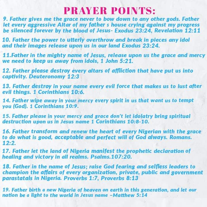RCCGCityofDavid's tweet photo. PRAYER POINTS for Day 19 of #RCCGFast ππ½
Prayer Focus: DEALING WITH IDOLATRY IN THE LAND AND IN OUR LIVES.
#30DaysFast
#ThankingGodInJesusName
#CODDailyPrayerPoints https://t.co/gpAzaQPGmL