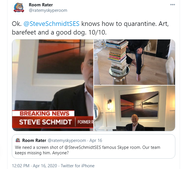 Steve Schmidt came on the scene a bit later, due to Room Rater's missing photo ops. Steve posted his own, however, and they rated high.