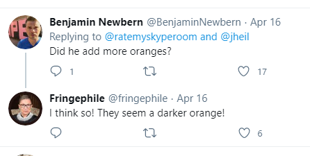 Meanwhile, Heilemann's kitchen reappeared. Perhaps cued by the comment that the oranges helped, he had expanded a bit. Interest was high, and he has time to reply to comments, which helped. Photos of his dogs foreshadowed ratings to come.