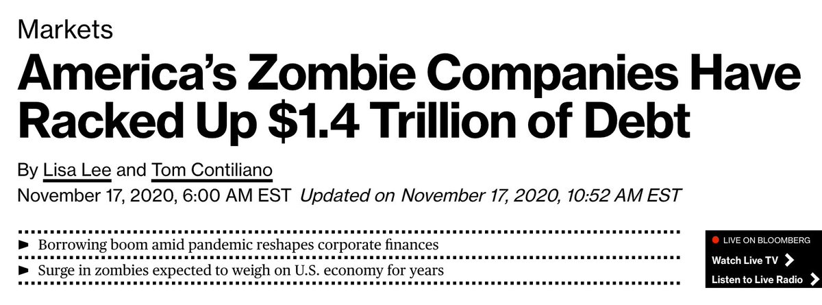 adam_tooze's tweet photo. "From Boeing Co., Carnival Corp. &amp; Delta Air Lines Inc. to Exxon Mobil Corp. and Macy’s Inc., many of America’s most iconic companies aren’t earning enough to cover their interest expenses (i.e. could be classed as zombie).”
https://t.co/bwcLAT6cf3 https://t.co/cYMBTGpD9y