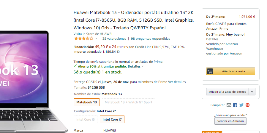 AgenteAmazon's tweet photo. Un ejemplo es este Huawei Matebook 13 - Portátil 13" 2K (Intel Core i7-8565U, 8GB RAM, 512GB SSD, Intel Graphics, Windows 10) Gris.
Un ordenador de 1199€ según pccomponentes en BlackFriday, que se puede comprar a 749€ a través de esta oferta (-450€).
https://t.co/7L8hJMOx5G https://t.co/3KfhUisOet