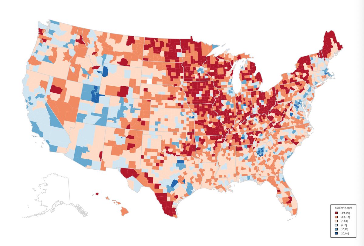 Biden now leads by 3.86 points nationwide, per  @Redistrict popular vote tracker, matching Obama's 3.86 pt win in 2012. He'll exceed it soon.They won by similar amounts in very different ways. Here's the shift in presidential results between 2012 and 2020