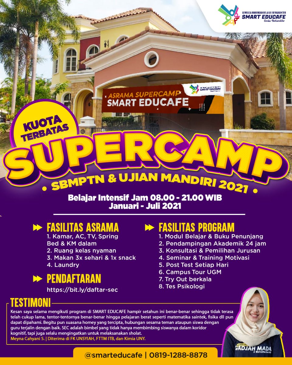 Mo #utbk2021 tapi hari gini kamu masih rebahan? Kamu butuh lingkungan yang sama-sama ambis buat ngejar cita-cita masuk ke PTN ternama? Kini ada #supercamp #utbk 2021 bimbel @SmartEduCafe1 Yogyakarta! Belajar intensif &amp; fasilitas super lengkap. #sbmptn #sbmptn2021 #infoutbk