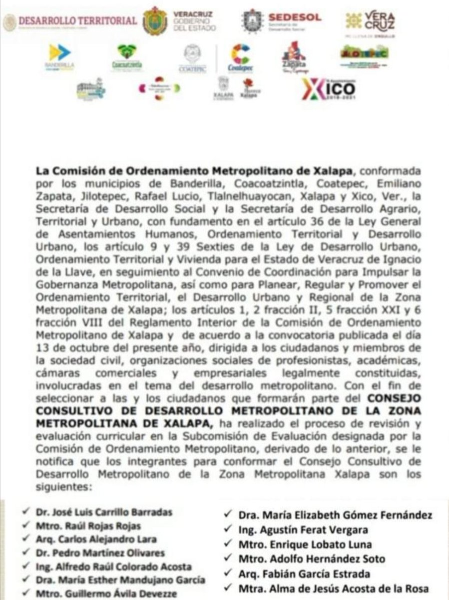 FELICITAMOS a nuestros talentosos AMICos, Arq. Maria Esther Mandujano García y al Ing. Alfredo Raúl Colorado Acosta, por haber sido seleccionados como parte del CONSEJO CONSULTIVO DE DESARROLLO METROPOLITANO DE LA ZONA METROPOLITANA DE XALAPA. 

#SomosAMIC 💙