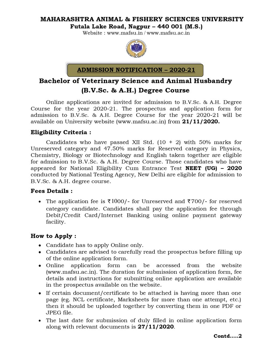 NEETCOUNSELLIN3's tweet photo. ADMISSION NOTIFICATION – 2020-21
Bachelor of Veterinary Science and Animal Husbandry
(https://t.co/TbxJUXD5Kr. &amp; A.H.) Degree Course #Maharashtra #bvsc #neet2020 https://t.co/Wouz1ySrkz