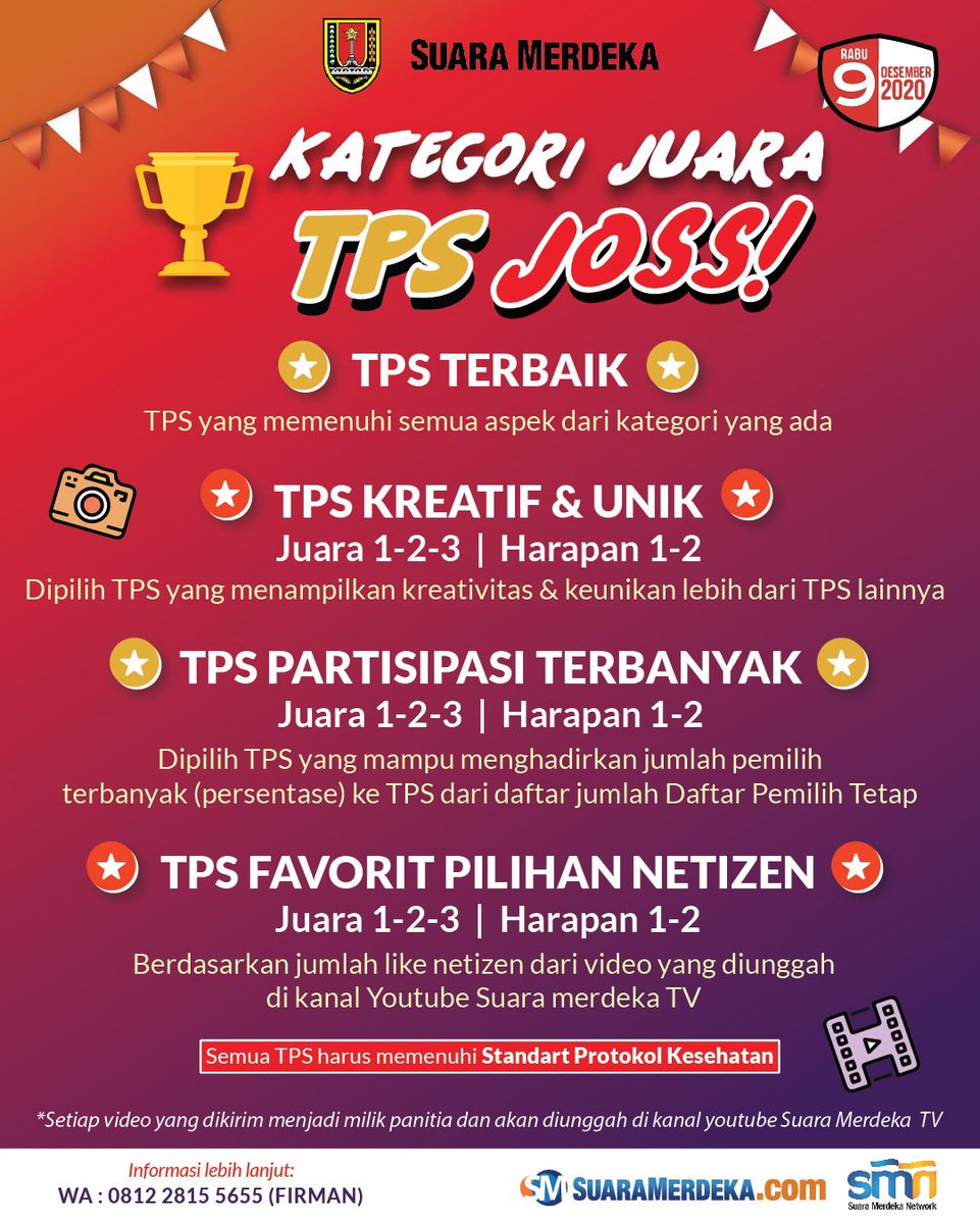 Warga Kota Semarang mari sukseskan Pilwalkot 2020. Caranya datang ke TPS pada 9 Desember nanti dan gunakan hak pilih anda. Untuk memeriahkan Pilwalkot 2020, Suara Merdeka akan mencari TPS JOSS! Syaratnya silahkan baca flyer di atas. Hadiahnya ratusan juta rupiah. #suaramerdeka
