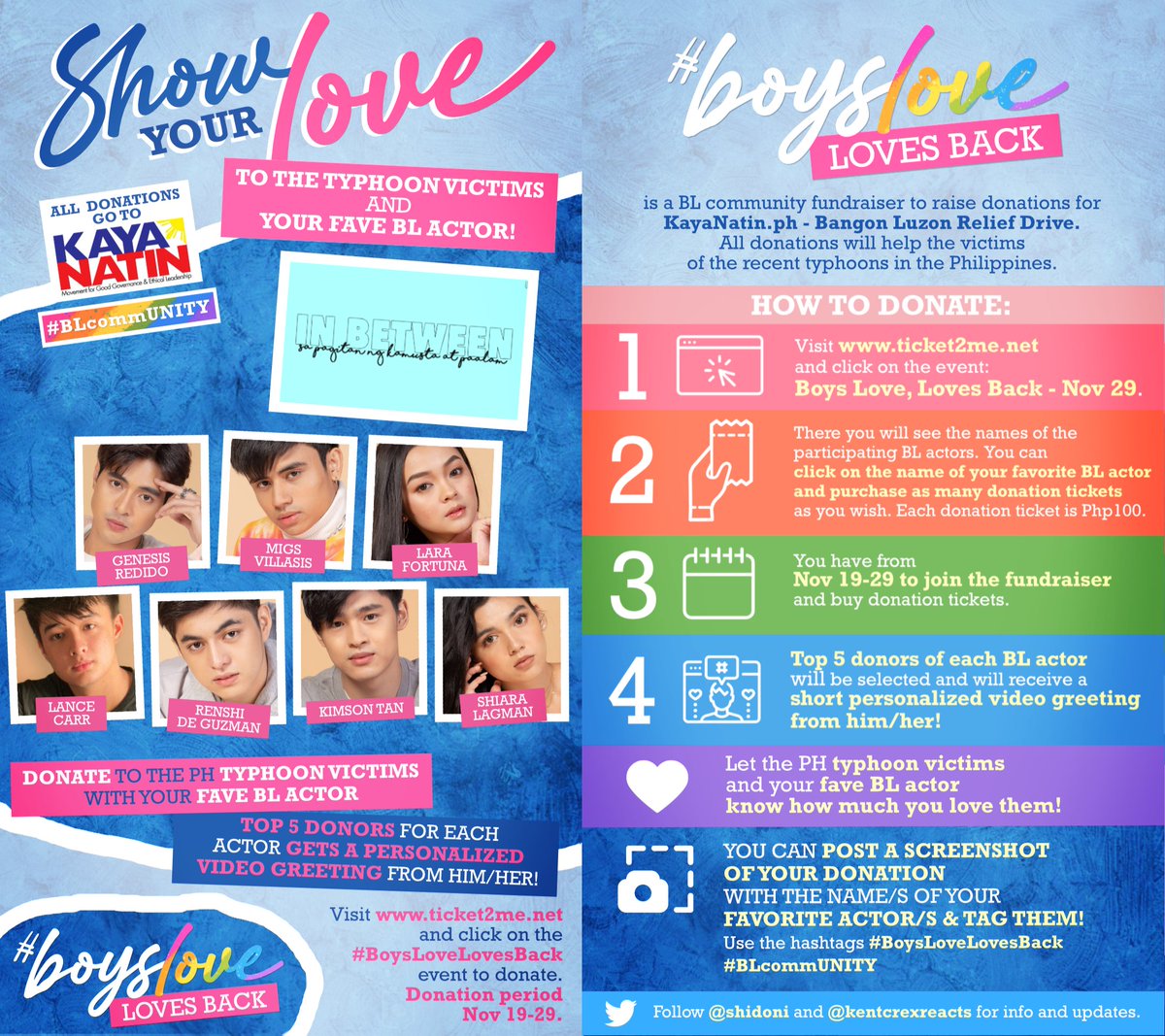 kentclarkreacts's tweet photo. SHOW YOUR LOVE to the victims of the PH typhoons & donate with the cast of #InBetweenBLPH! ❤️🐧
Donations for #BoysLoveLovesBack @KayaNatinPH are accepted til Nov 29! Let's all do our part to help.
To donate, click here:
https://t.co/jiq9r81cLu
Let's go #BLcommUNITY! 🌈
-Kent https://t.co/36ZWMfIHCs