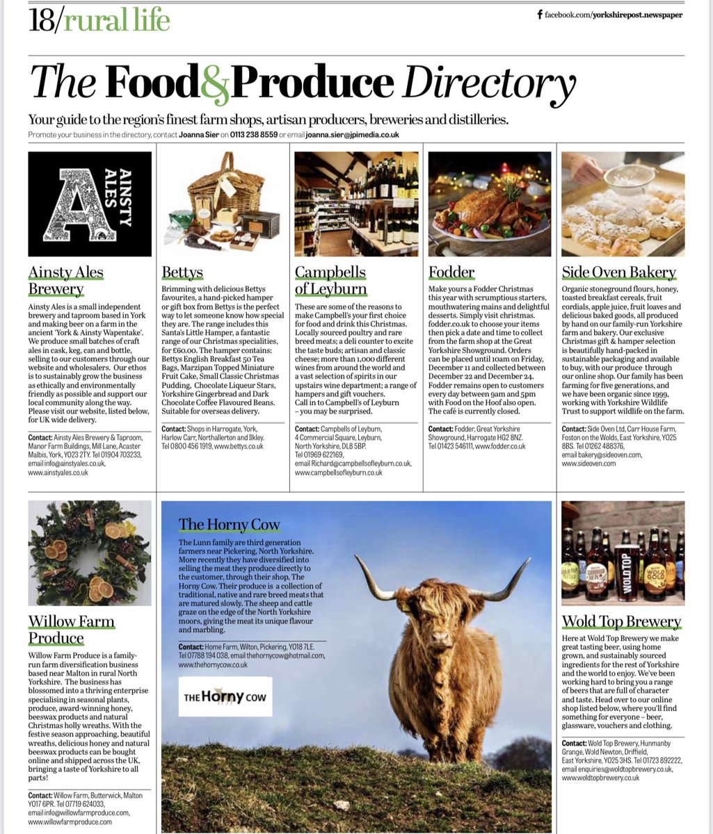 Our new food&drink directory in today’s Countryweek in  @yorkshirepost showcasing 

@AinstyAles @Bettys @Campbells1868 @FodderHarrogate @SideOven @woldtopbrewery  The Horny Cow and Willow Farm Produce 

Yorkshire produce for Yorkshire people  #buyapaper #YORKSHIRE