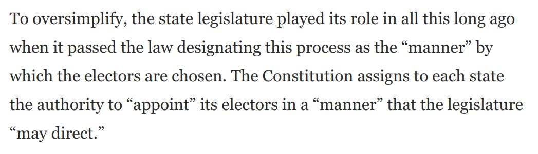 When MI GOP leaders say they'll "follow the law," they're acknowledging that they don't appoint electors.Legislature's constitutional role was to establish the process that Trump corruptly pressured them to junk.Wrote this about PA, but applies in MI: https://www.washingtonpost.com/opinions/2020/11/11/no-hail-mary-plan-trump-isnt-going-work/