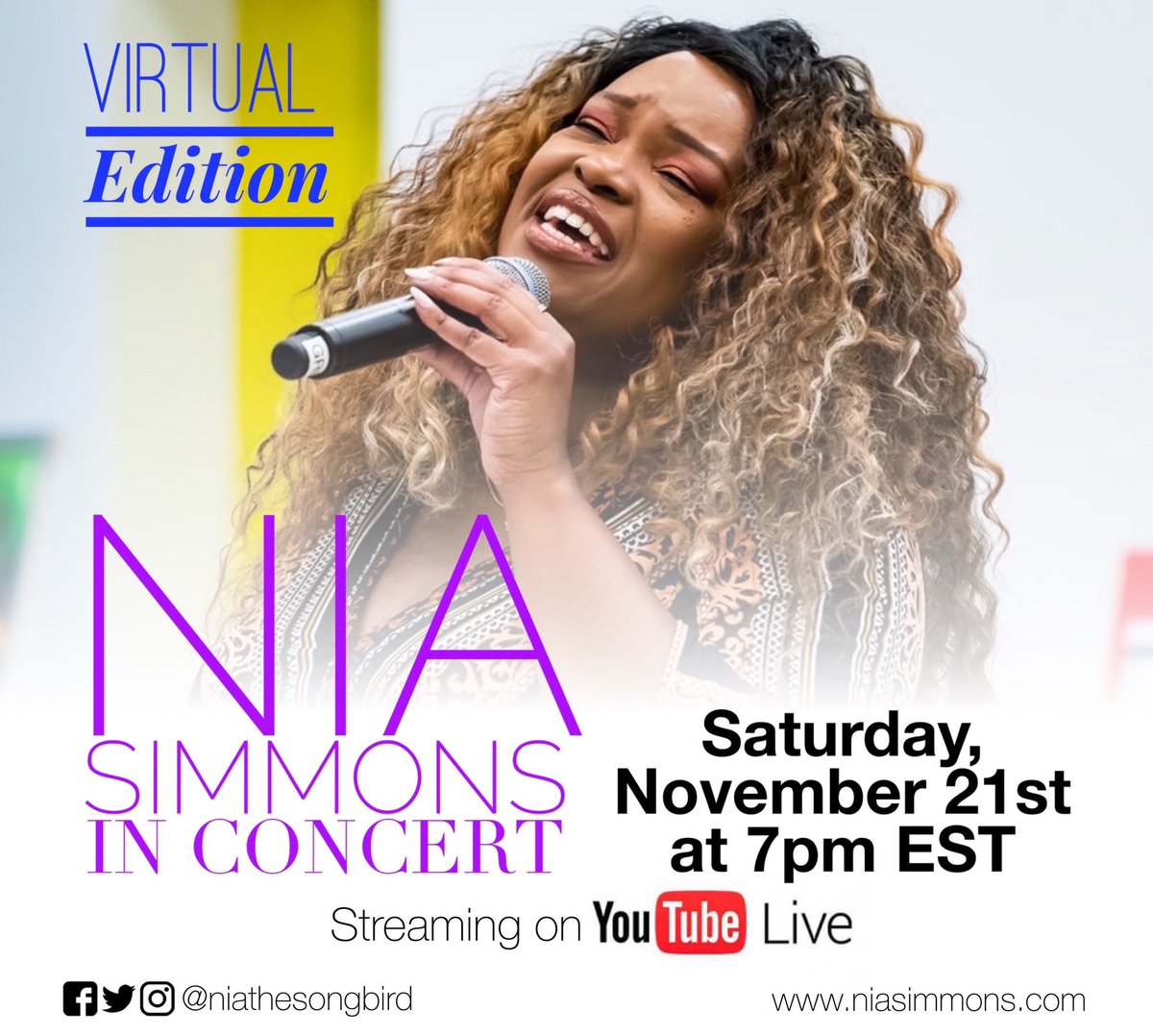 NiaTheSongbird's tweet photo. TONIGHT!!!  My free virtual concert at 7pm EST.  Eventbrite registration link in bio.  Hope you can join me. 🙂🎤🎶 https://t.co/MfFGGqs4Ue