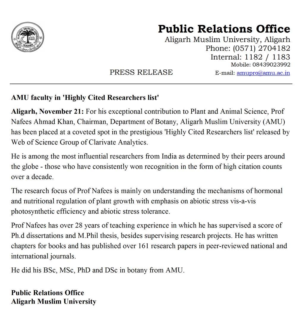AMUofficialPRO's tweet photo. AMU faculty in 'Highly Cited Researchers list' for his exceptional contribution to Plant and Animal Science @PIB_India @PIBHRD @DG_PIB @webofscience @DrRPNishank @SanjayDhotreMP @CSIR_IND @ProfTariqManso1 @EduMinOfIndia @ugc_india @PMOIndia @rashtrapatibhvn @QatarAmu @AmuPortal https://t.co/qwBENaQcpV