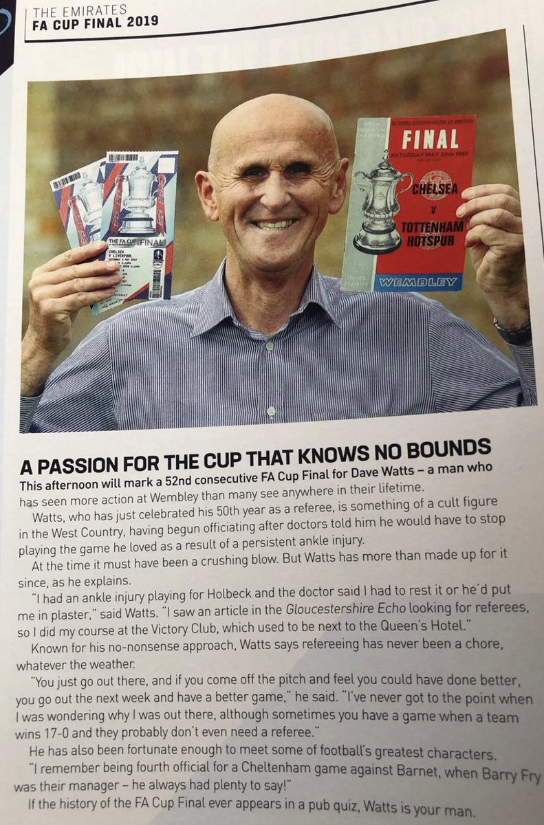 JonPalmerSport's tweet photo. Wrote this piece on legendary Cheltenham referee Dave Watts for the 2019 FA Cup final programme and was lucky enough to watch Man City beat Watford with him at Wembley. He has not been well, but will be watching Cheltenham Town v Walsall on iFollow today. All the best Dave! #ctfc https://t.co/qvaBZqg9Gw