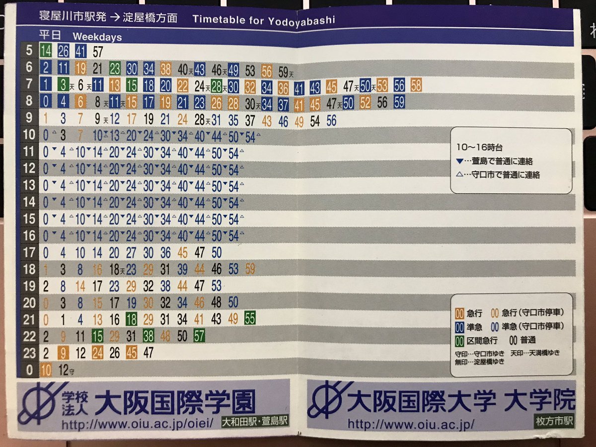 手持ちの古いポケット時刻表】 京阪本線 寝屋川市 2003年9月6日改正