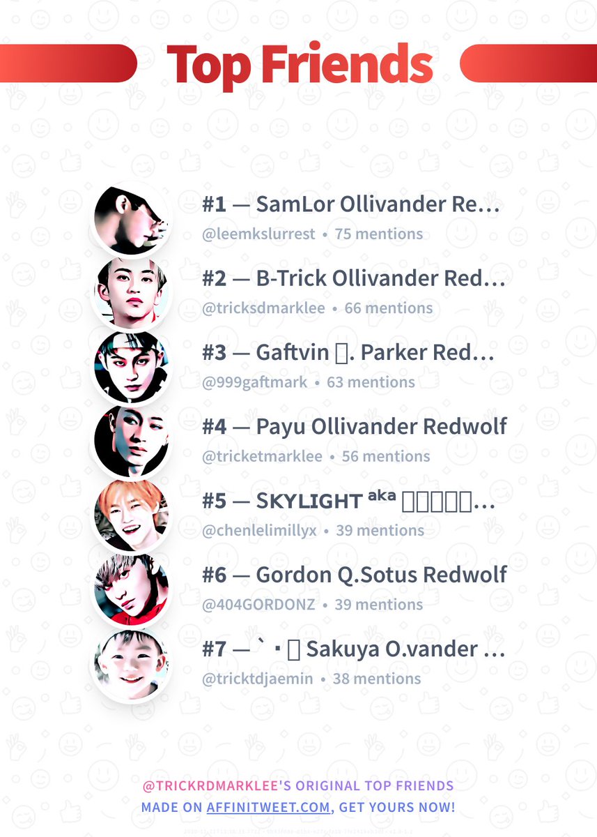 ✨ Top Friends

🥇 @leemkslurrest
🥈 @tricksdmarklee
🥉 <a href="/999gaftmark/">เกฟท์วินย้ายไปเวอร์2</a>
🏅 <a href="/tricketmarklee/">บอนเมอร์</a>
🏅 @chenlelimillyx
🏅 <a href="/404GORDONZ/">Gordon</a>
🏅 @tricktdjaemin

➡️ affinitweet.com/top-friends