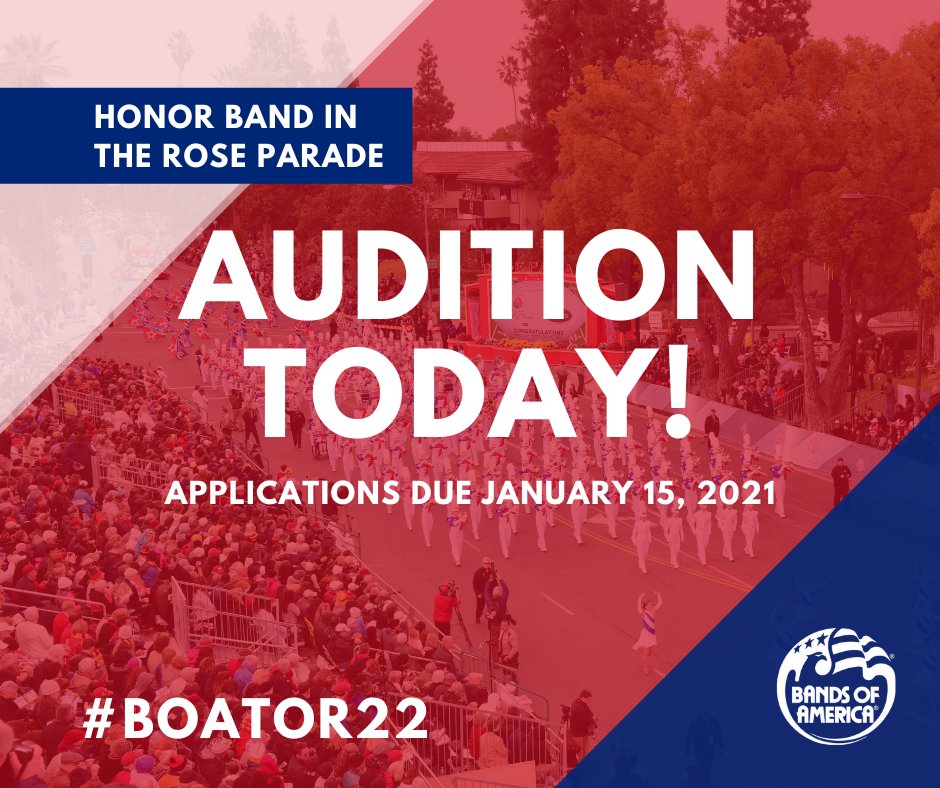 Applications for the 2022 Bands of America Honor Band in the Rose Parade are open! The deadline to apply is January 15, 2021 but it's not too early to plan for this once in a lifetime opportunity. Visit marching.musicforall.org/rose to learn more.