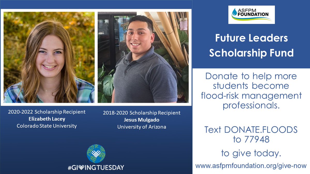 ASFPMfoundation's tweet image. If you donate on #GivingTuesday, your employer may match it—you'll never know unless you check!  Our goal is to fund one year of scholarship! Pls like+share. Text DONATE.FLOODS to 77948 to donate or visit - asfpmfoundation.org/give-now   #scholarships @floodsorg