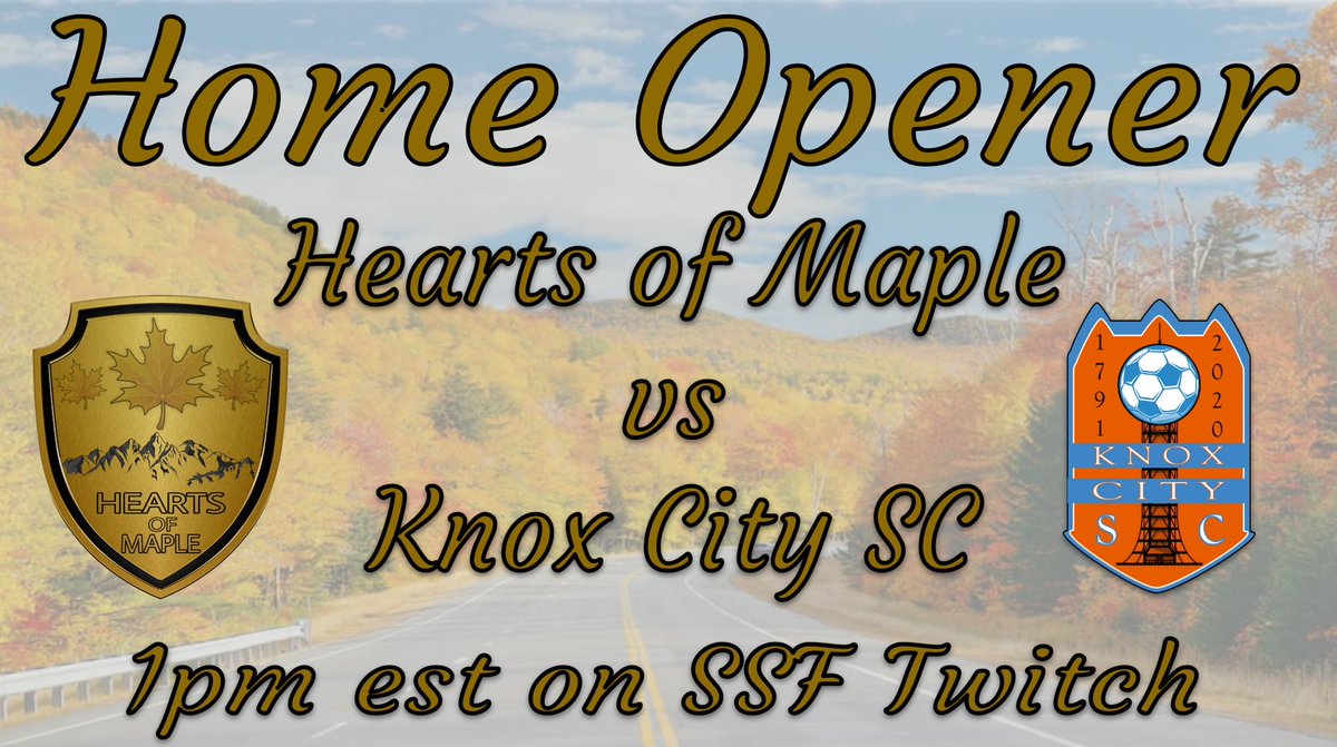 Hearts of Maple welcomes @knox_city into the Sugar Shack today for Match Day 1 action!  Live on SSF Twitch at 1pm est.

#ssfofficial #kickingitfromhome #ownthepitch #maplelife