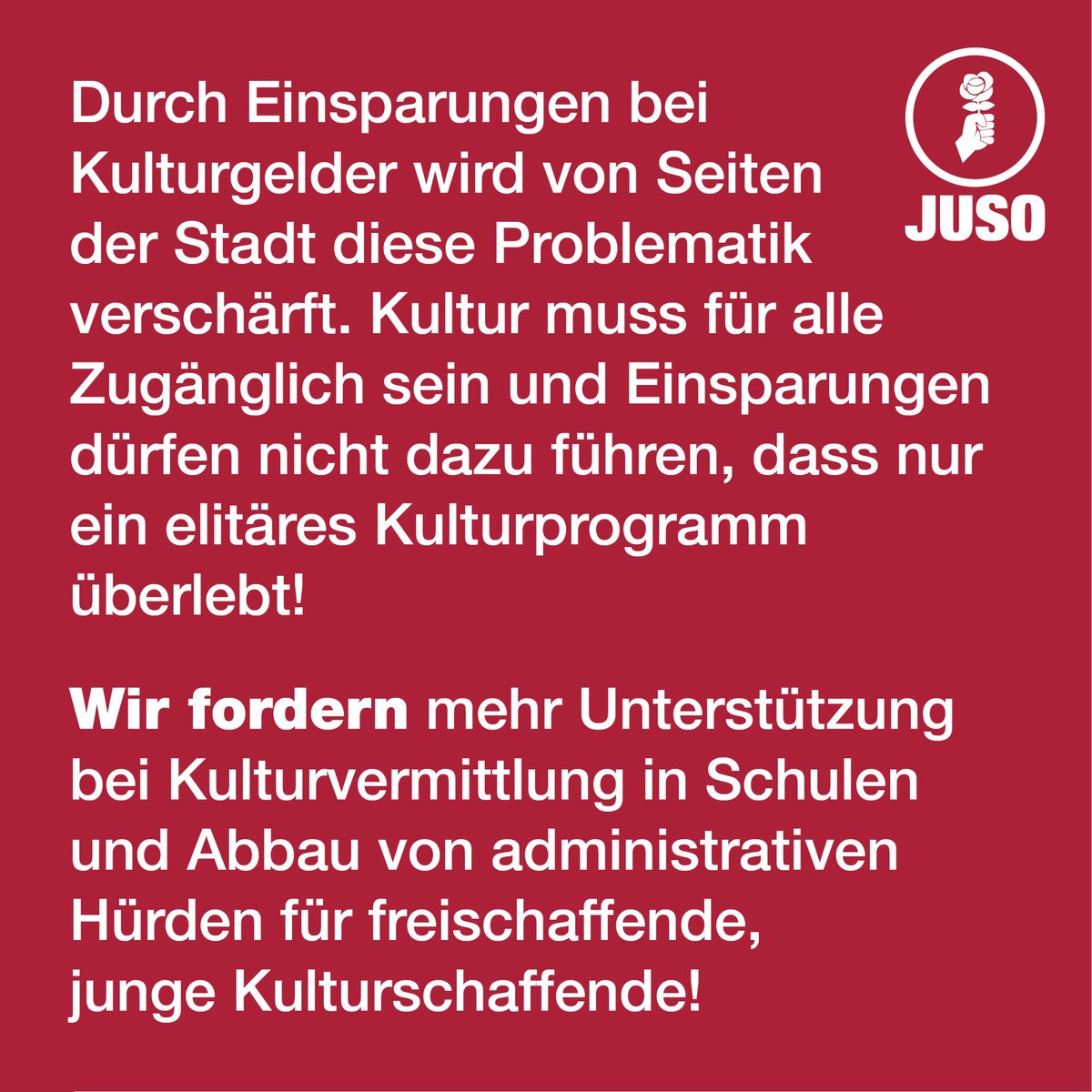 JUSOStadtBern's tweet photo. Gerade in der jetztigen Situation forder wir ein Kulturprogramm für alle und keine Sparmassnahmen bei jungen freischaffenden Kulturschaffenden!
#wahlenbern2020 #wahlbern20 https://t.co/1wXydIoTod