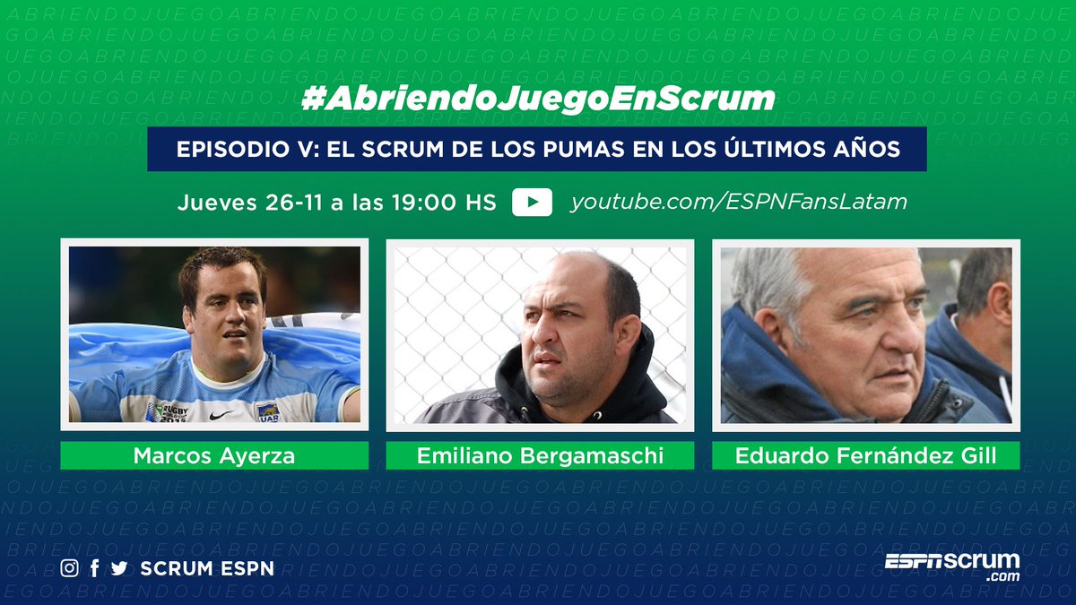 ScrumESPN's tweet photo. [HILO]

#Ayerza, #Bergamaschi y #FernándezGill, invitados de primera línea para hablar del nivel del scrum de #LosPumas en los últimos años...

Se viene el Episodio V de #AbriendoJuegoEnScrum: Jueves 26/11 a las 19 hs por el canal de #Youtube de #ESPNFans. https://t.co/cr9HQdKV07