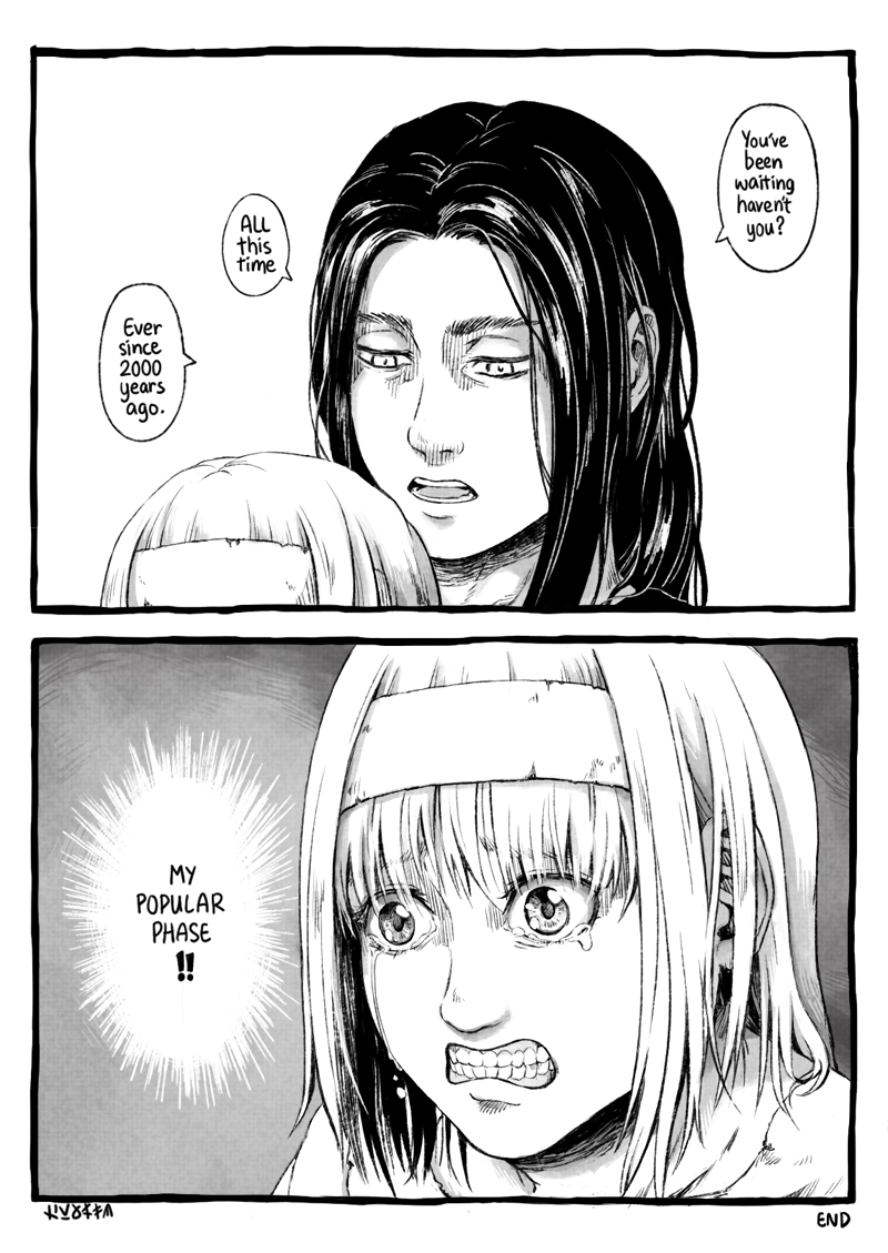 The sibling saga continues.

(That marigold flower behind Eren is looking like a fine cabbage in disguise.)

#snk122 #ShingekiNoKyojin
#AttackOnTitan #ZekeYeagar #ErenYeager