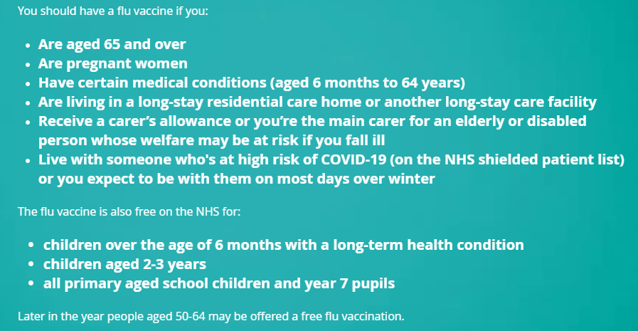 The #flu vaccination is free to people who are at increased risk from the effects of flu. The vaccine is safe and doesn’t give you flu.

Contact your GP or pharmacy to book your vaccination. 

You should have a flu vaccine if you are in a high risk group below 💙

#DoYourBit