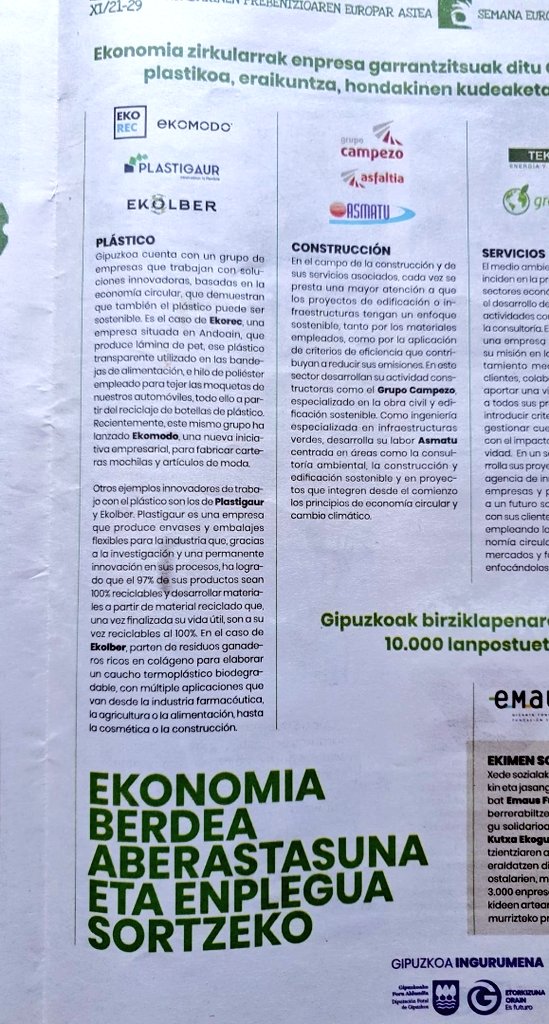 ♻️ ¿Residuo o Materia Prima? 

Entramos en la Semana Europea de Prevención de Residuos y desde <a href="/OrainIngurumena/">Gipuzkoa Ingurumena</a> visibilizan empresas gipuzkoanas que trabajan en #EconomíaCircular. Entre ellas, <a href="/EkoREC_eus/">Eko-REC</a>, <a href="/ekomodo_/">EKOMODO</a>, #Plastigaur, <a href="/TrienekensPV/">Trienekens País Vasco</a> @GrupoEmausFS y +