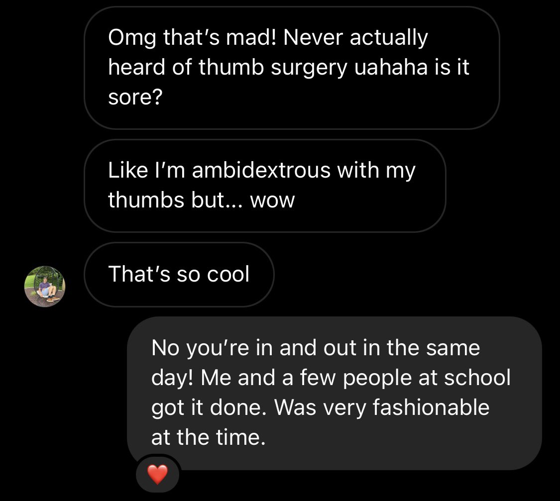 JamesKavanagh_'s tweet photo. Very much enjoyed telling someone I had cosmetic surgery to make my thumbs bendy https://t.co/aR9g53kO4w