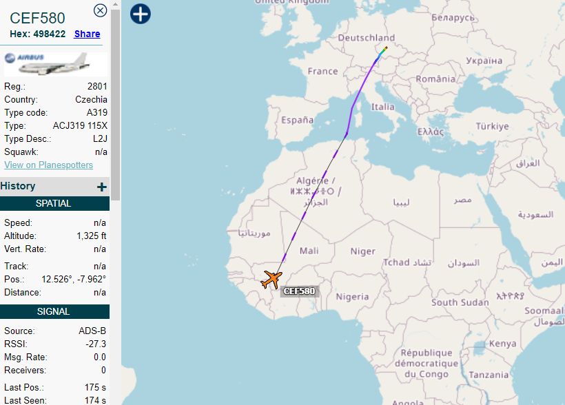 5472_nde's tweet photo. CEF580 2801 #CzechAF ACJ319 out of Prague, to Bamako, #Mali. 1342z https://t.co/uFzYgSZn79