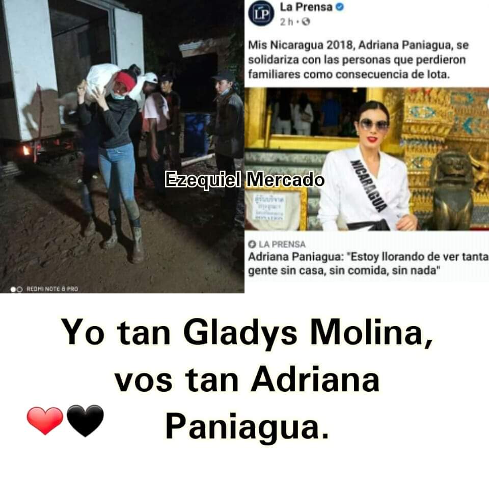 En #Nicaragua existen dos tipos de Miss:

Una entregada a su pueblo y otra a la farándula y sensacionalismo. Las diferencias están a la vista y no es necesario darle vueltas al asunto.

Yo me voy con Gladys Molina ❤