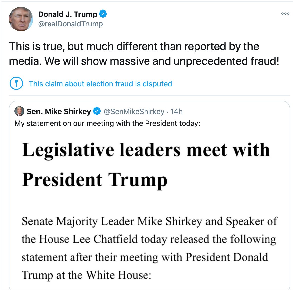 If  @SenMikeShirkey and  @LeeChatfield really did reject Trump's attempt to overturn the election, we will see them quickly disavow the president's statement here and say they recognize Joe Biden as president-elect.